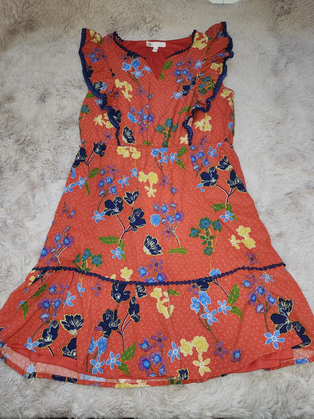 DR2 by Daniel Rainn Red Floral Ruffle Pom-Pom Trim Mini Dress
